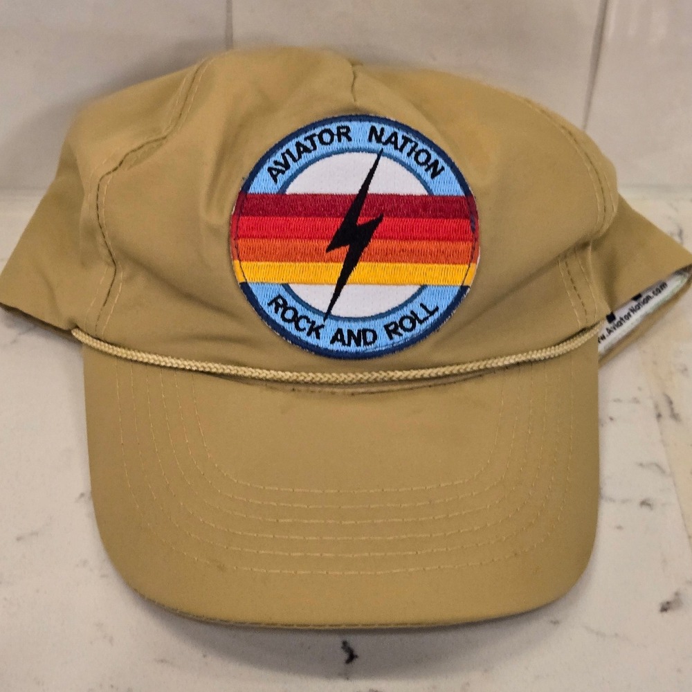 Aviator Nation Rock and Roll Tan Snapback Hat Lightning Bolt Rainbow Patch Cap